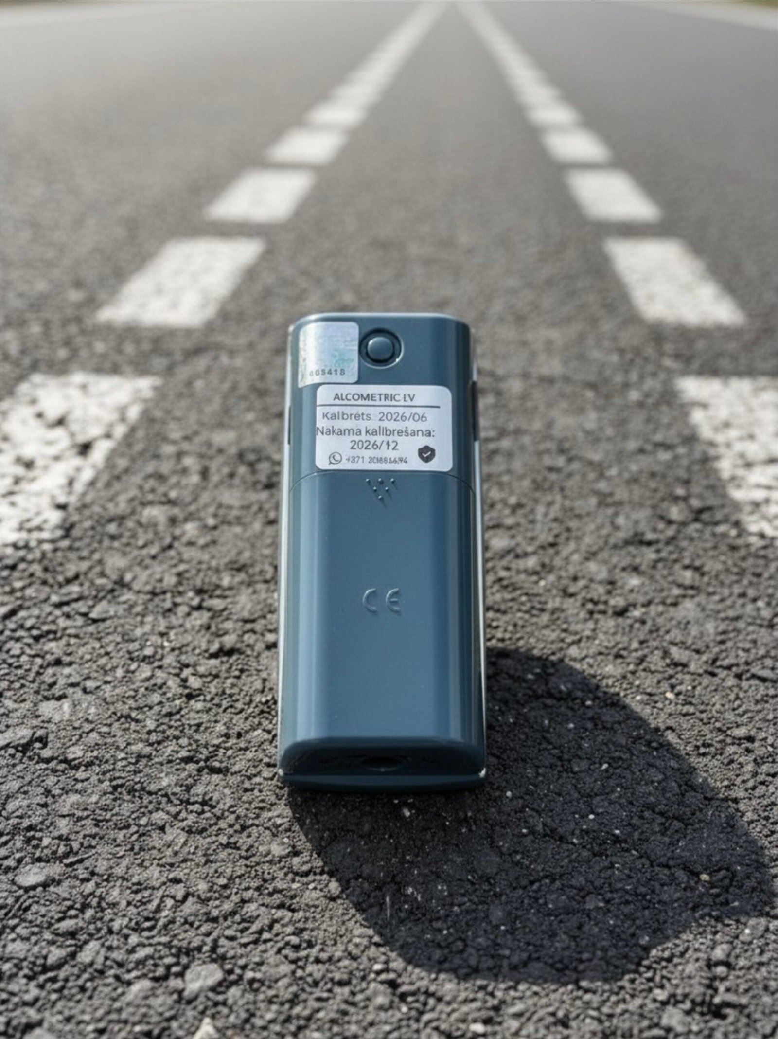 Alcometric X10- back - Close-up of a handheld measurement device placed on a paved road, with white dashed lane markings receding into the distance.