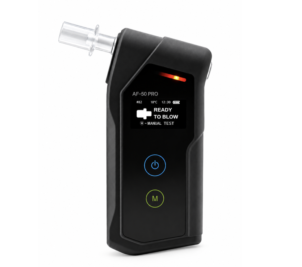 Black handheld device with a clear mouthpiece; screen reads 'READY TO BLOW' and shows status indicators (AF-50 PRO).