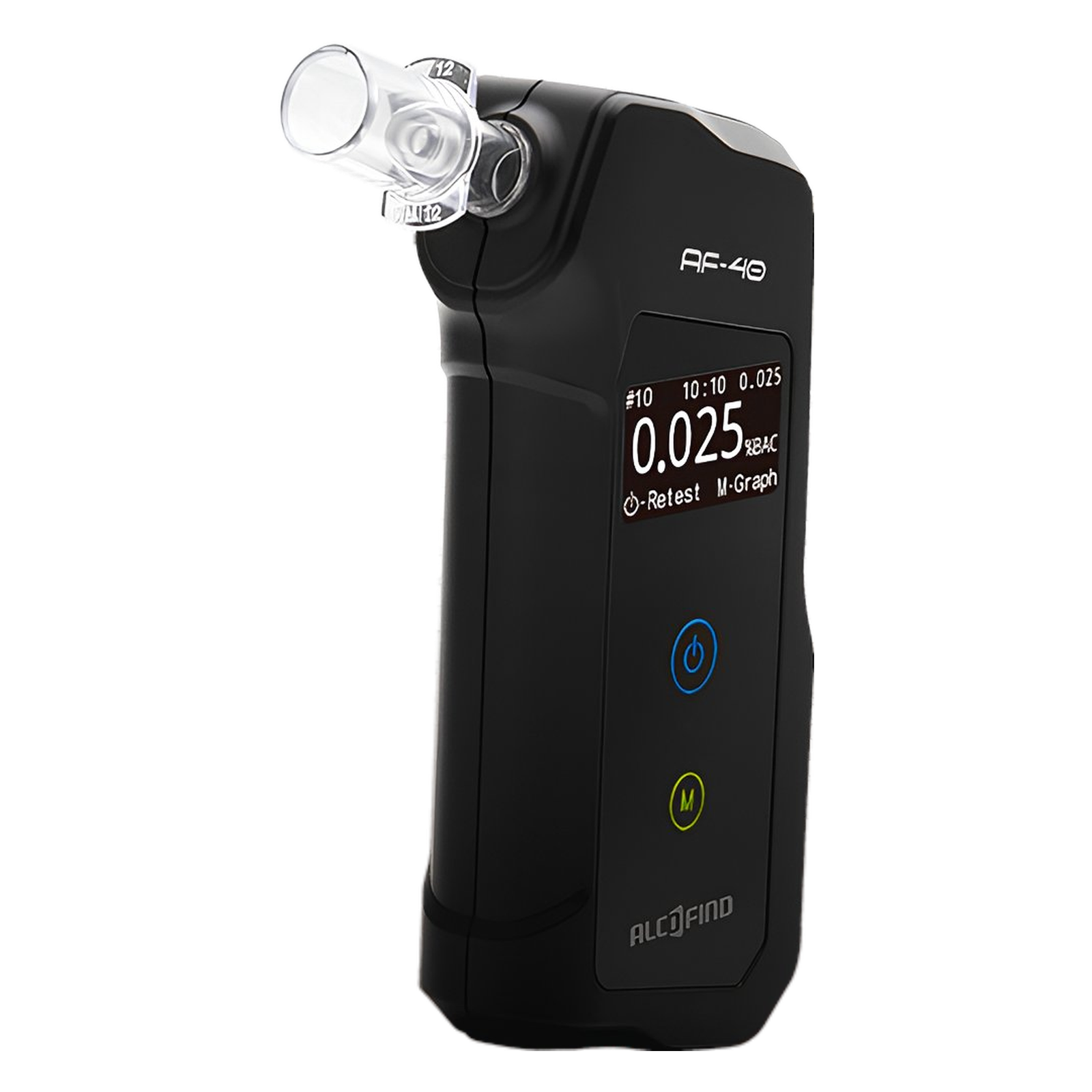 2ad4e08b-e32b-4acd-9e6d-a7d34601fccf - Breathalyzer device with a clear mouthpiece attached to a black handheld unit