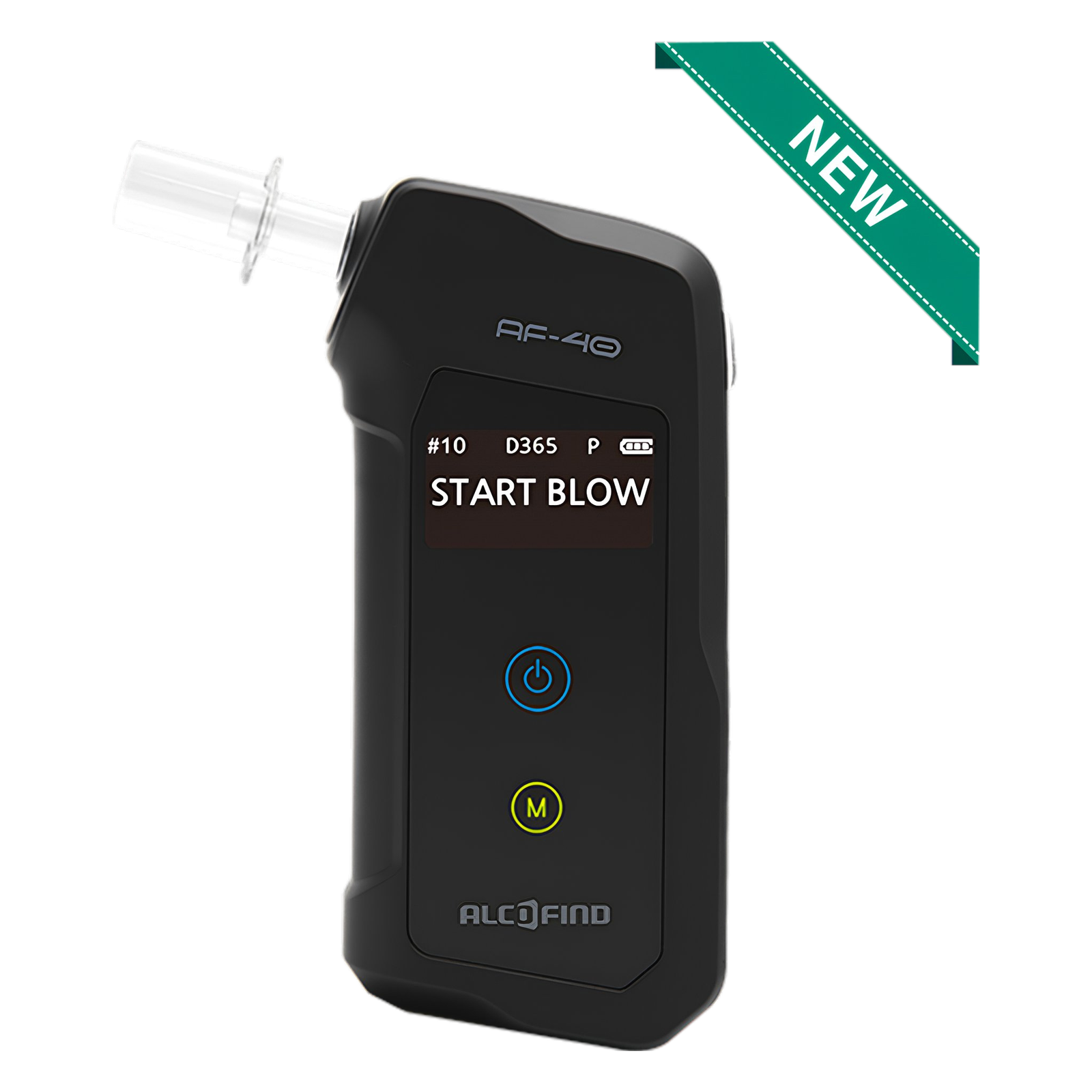 407f1517-649e-406e-812e-e4dbc9438a12 - Close-up of a black handheld device with a digital screen reading 'START BLOW', blue power ring, and ALCOFIND branding; a clear nozzle is visible on the left.