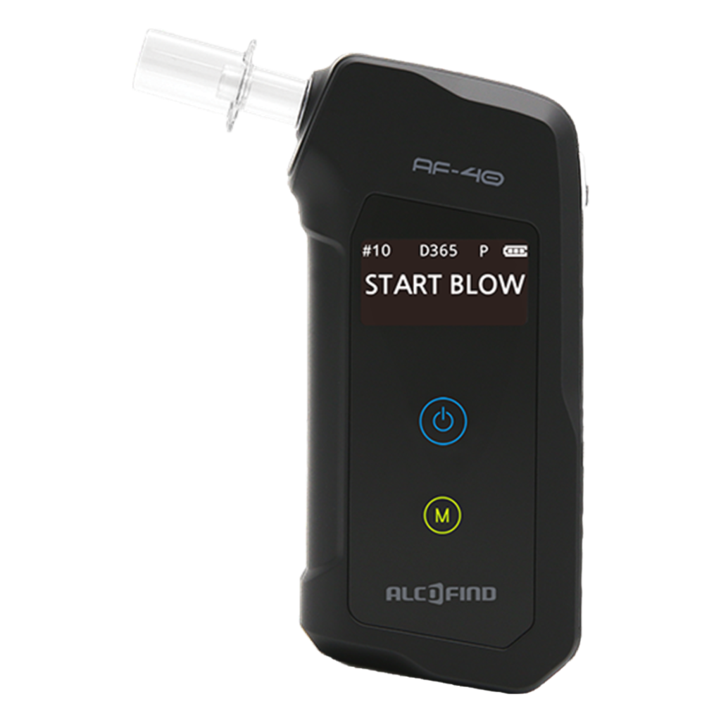 Handheld breathalyzer with a clear mouthpiece and a display reading 'START BLOW'.