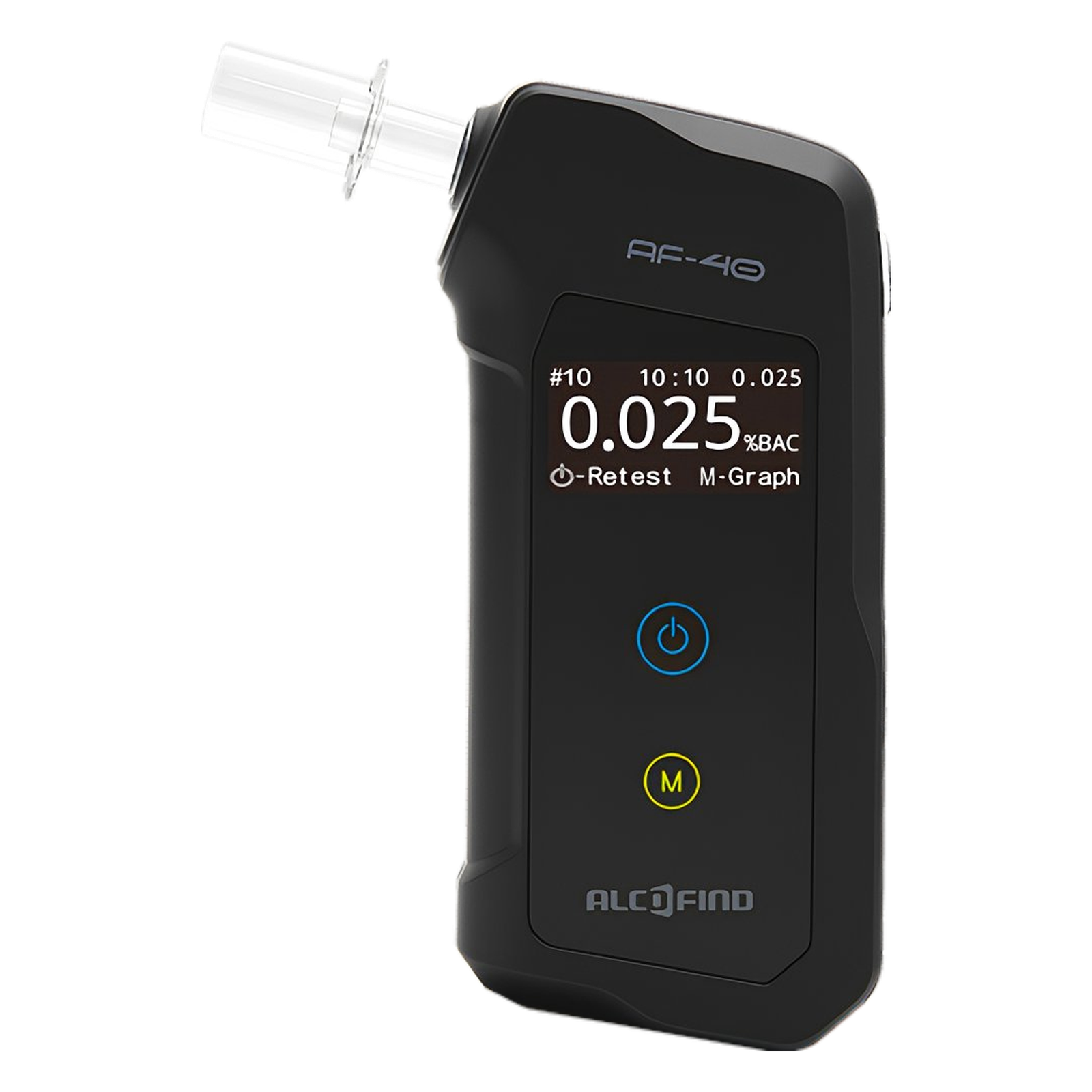 e3d68ee8-f365-4c91-8429-a6e80eee1e20 - Compact breathalyzer device with a clear mouthpiece attached, showing a digital display reading numerical values and options like 'M-Graph' on a black body.