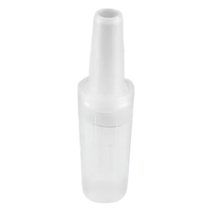 Close-up of a white cylindrical bottle with a rounded cap, viewed from above.